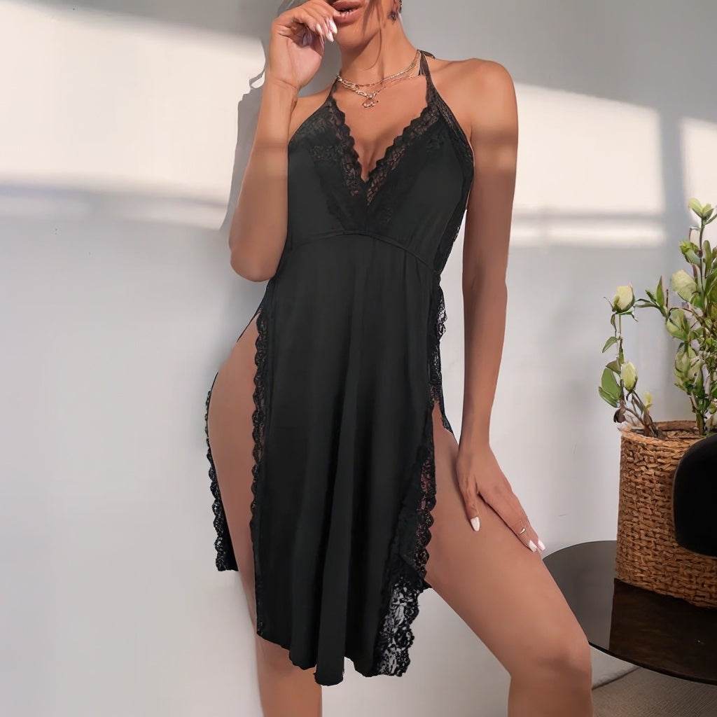 Women's Black Lace Deep V-Neck Dress - Elegant Halter Loungewear