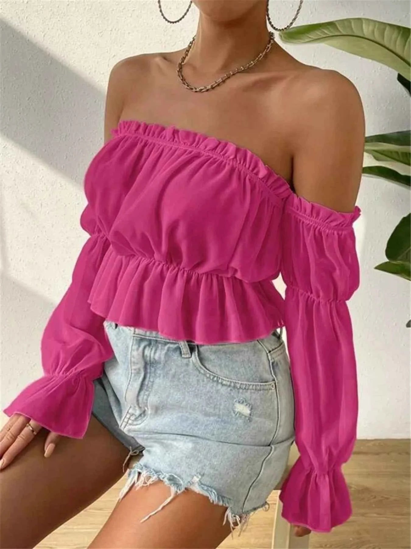 Off-Shoulder Ruffle Trim Sheer Cropped Blouse
