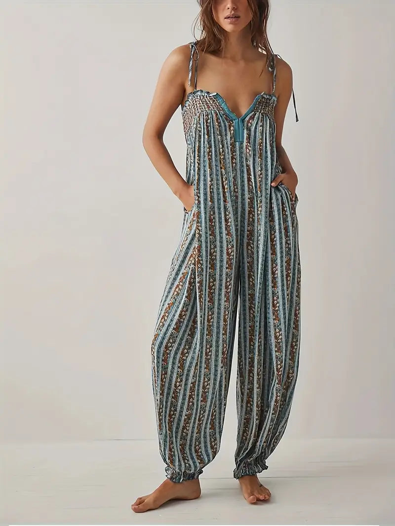 Sleeveless Flowy Vibrant Striped Jumpsuit with Lace Trim