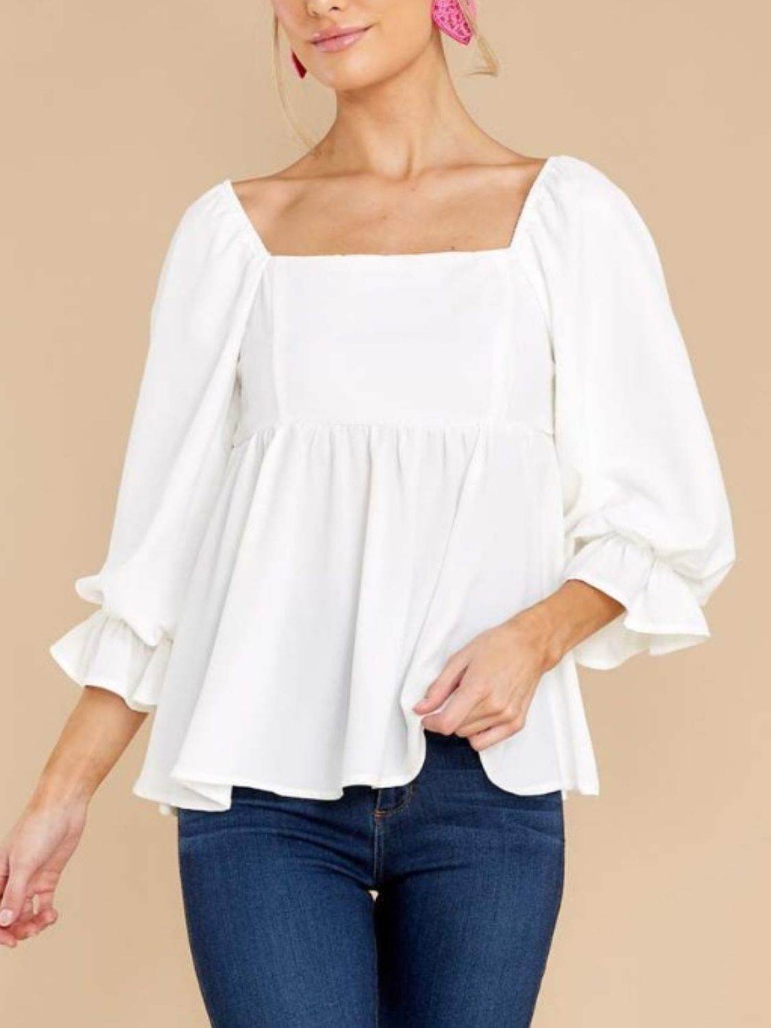 Smocked Square Neck Flounce Sleeve Blouse - Fashions Envy