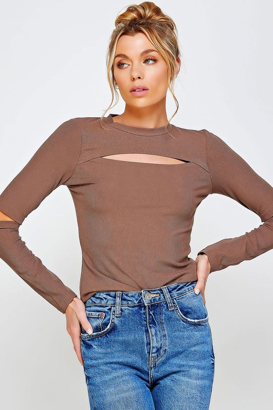 Ribbed Fitted Long Sleeve Top With Chest & Elbow Cutouts