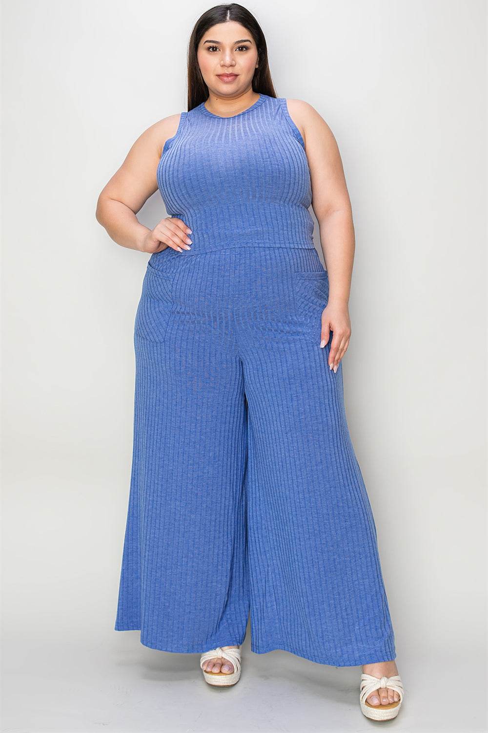 Basic Bae Full Size Ribbed Tank and Wide Leg Pants Set - Fashions Envy