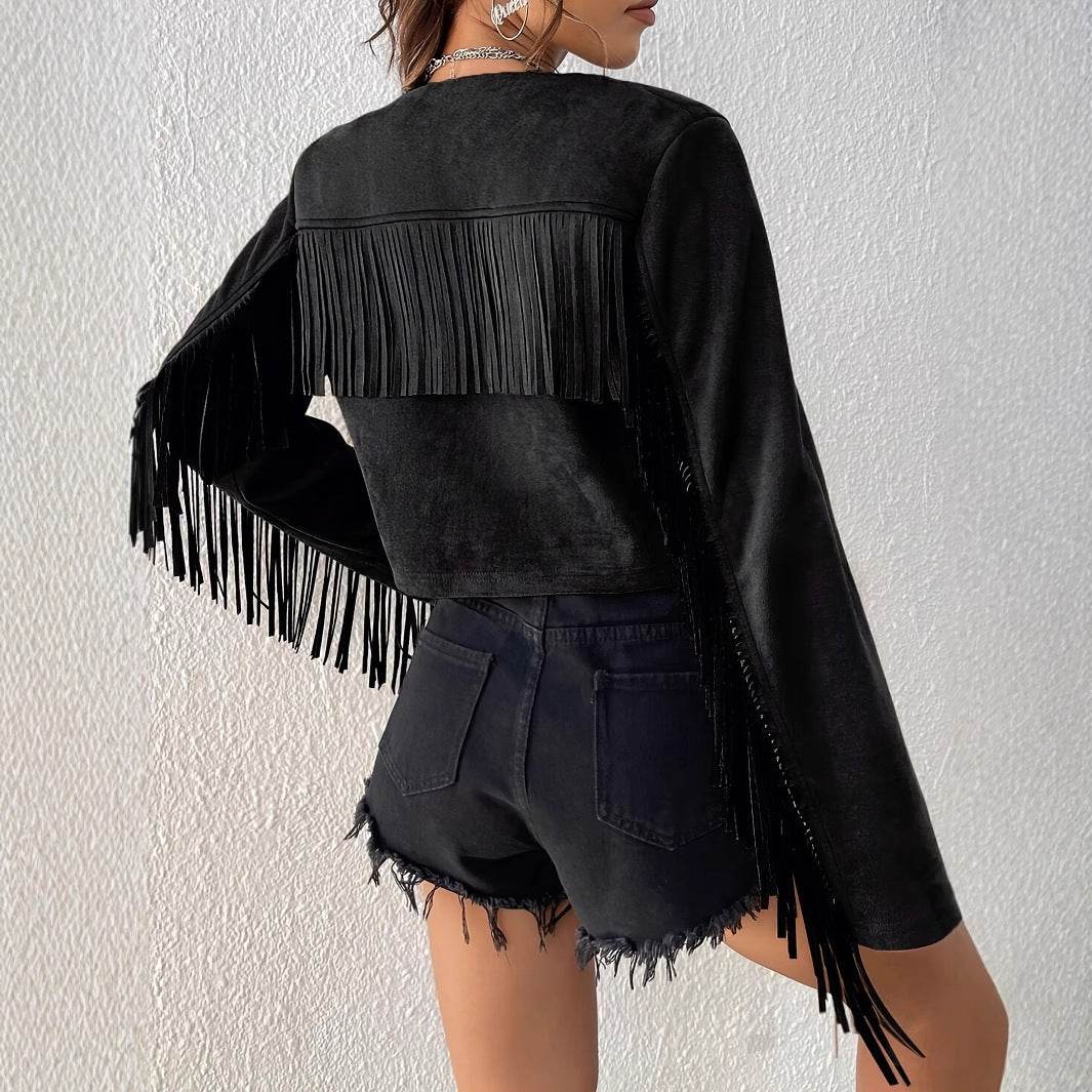 Women's Black Tassel Rivet Front Open Jacket - Short Coat