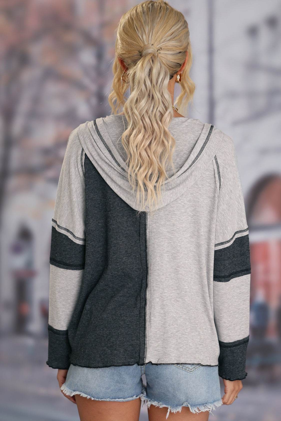 Multicolor Colorblock Ribbed Henley Hoodie - Fashions Envy