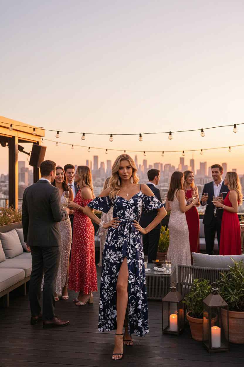 Floral Maxi Summer Dress - Cold Shoulder Split A-Line