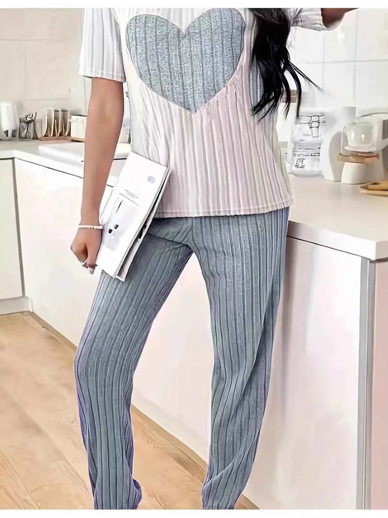 Heart Ribbed Knit Top and Pants Lounge Set