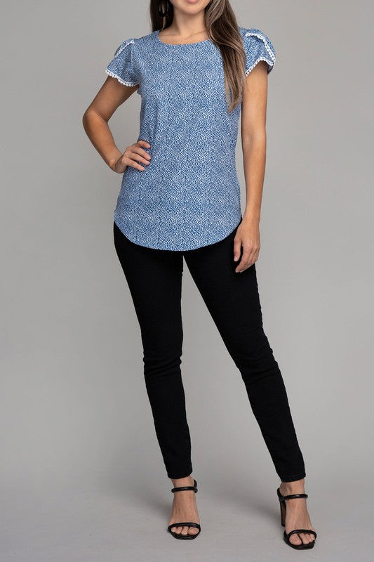 Petal Sleeve Satin Top with Lace Trim