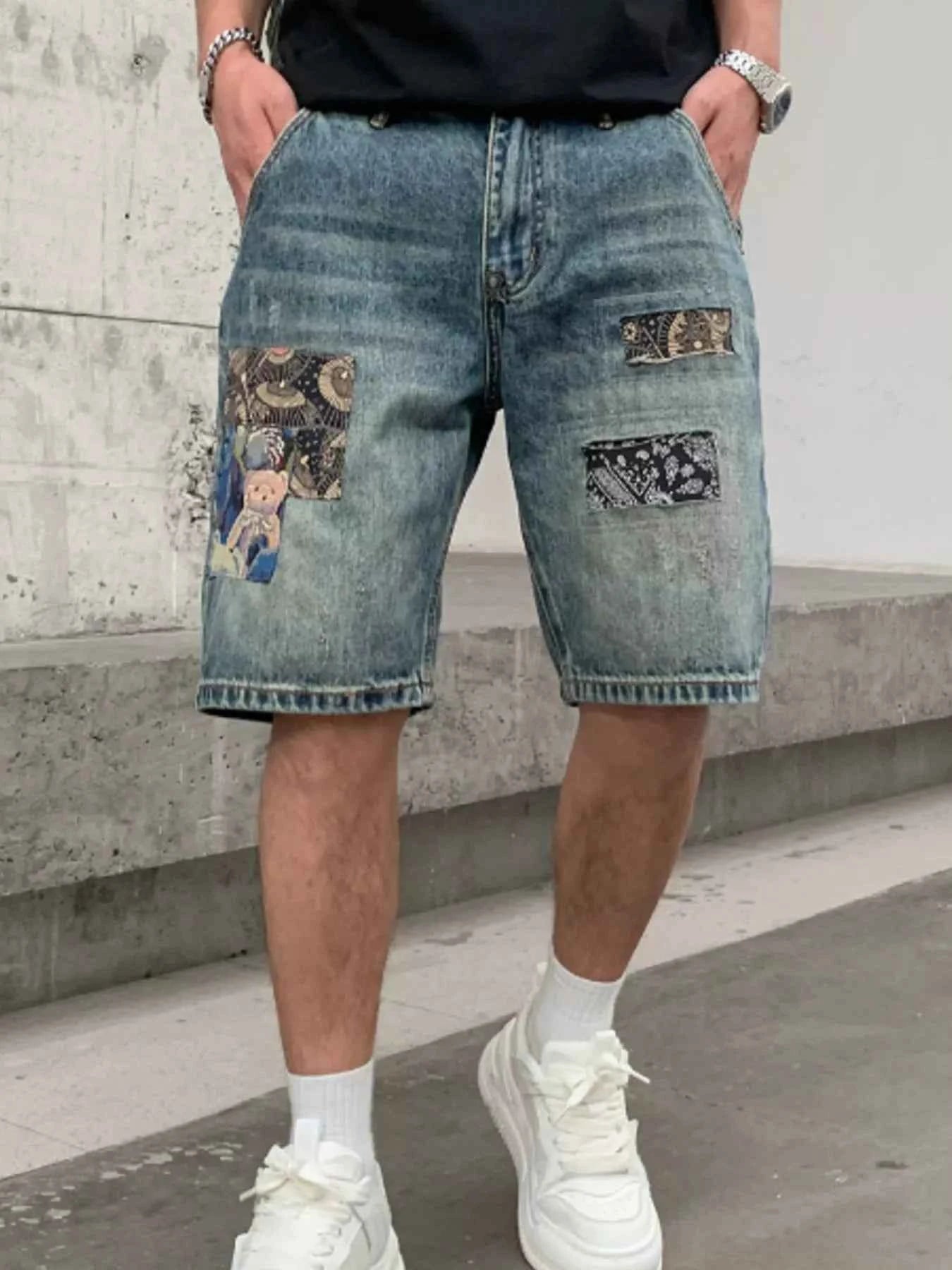 Men's Patchwork Graphic Denim Shorts