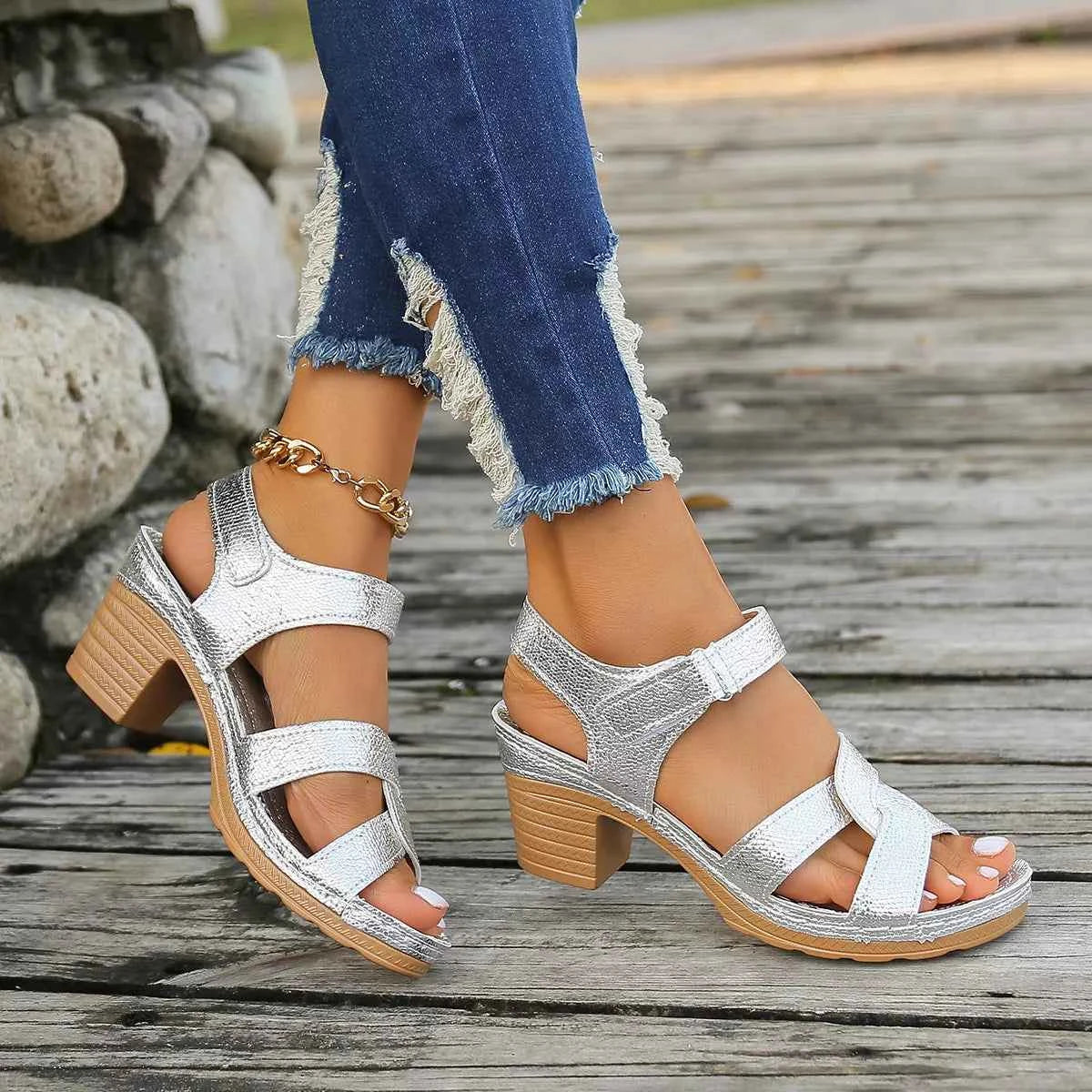Open Toe Block Heel Sandals - Mid Height Elegant Style