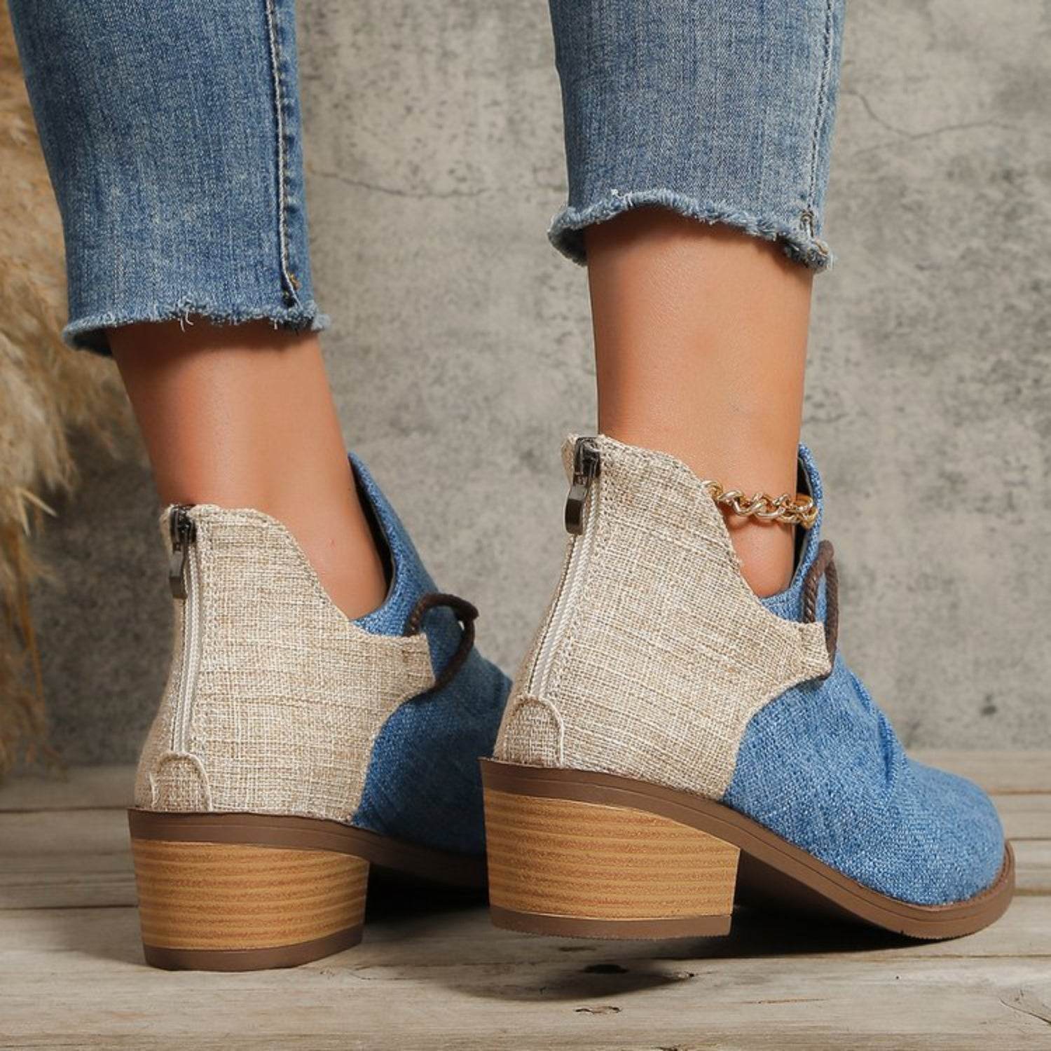 Contrast Canvas Low Heel Boots - Fashions Envy