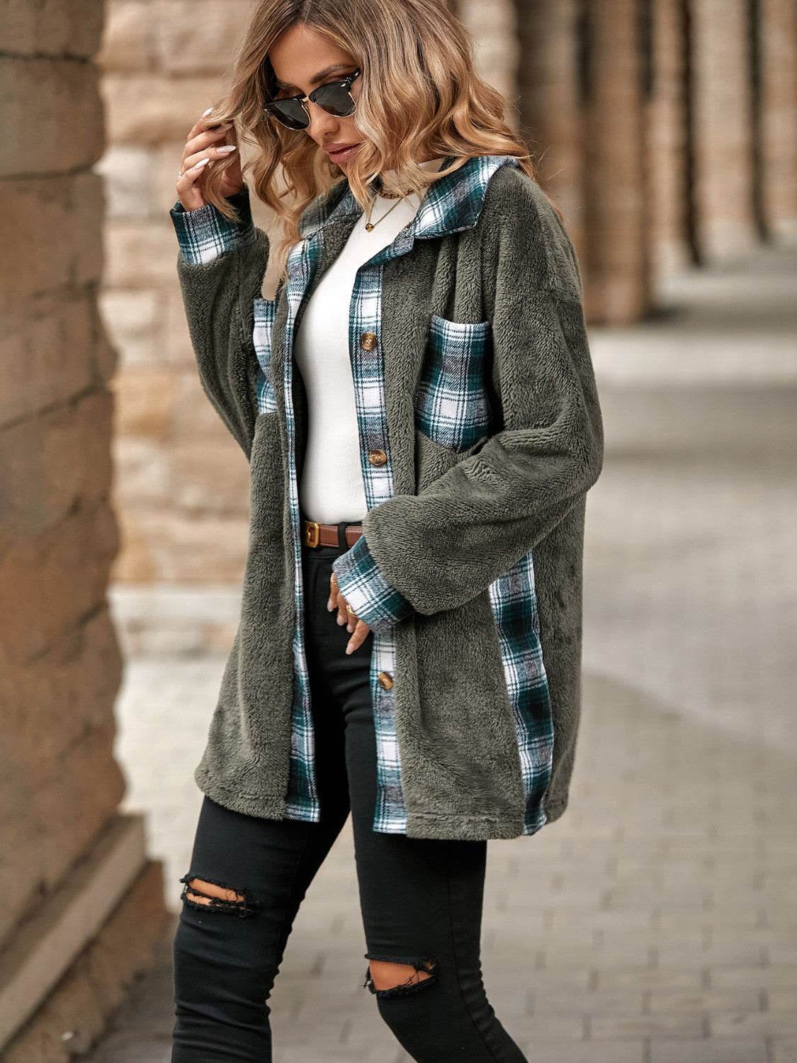 Plaid Contrast Dropped Shoulder Coat - Fashions Envy