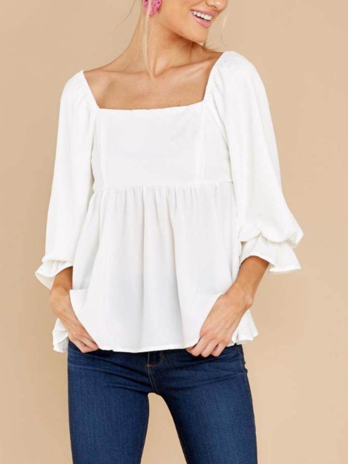 Smocked Square Neck Flounce Sleeve Blouse - Fashions Envy