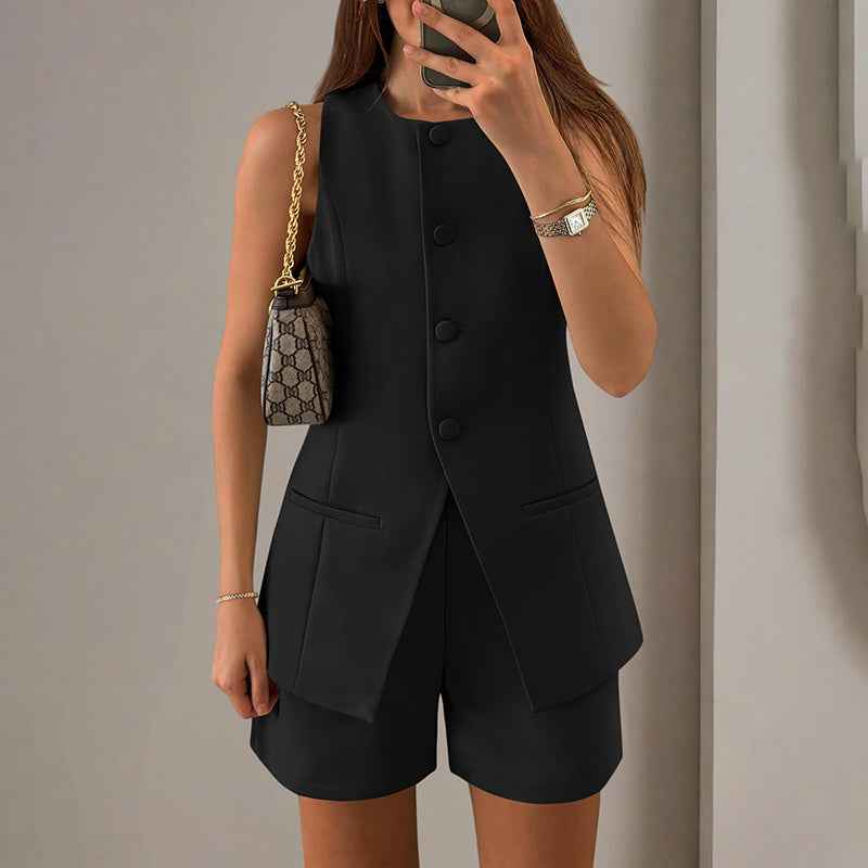 Two-Piece Vest & Shorts Set - Professional Button-Front - Fashions Envy