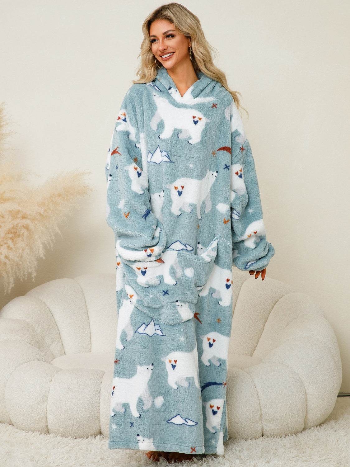 Fuzzy Pocketed Long Sleeve Hooded Lounge Dress - Fashions Envy