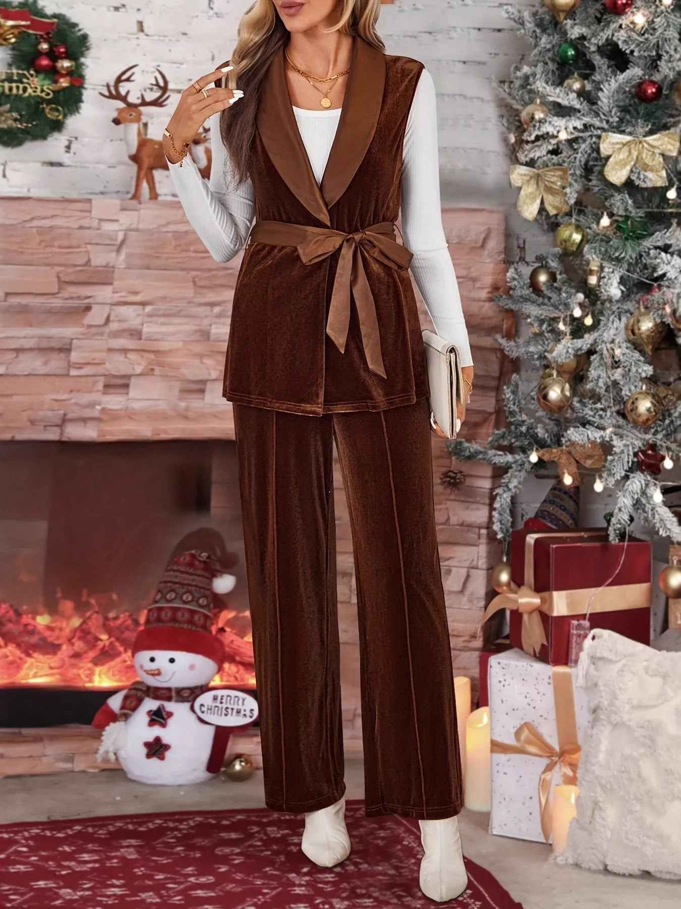 Velvet Two-Piece Set - Tie Waist Vest & Wide Leg Pants - Fashions Envy