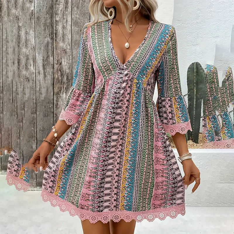 Boho V-Neck Sundress - Lace Trim Print Dress