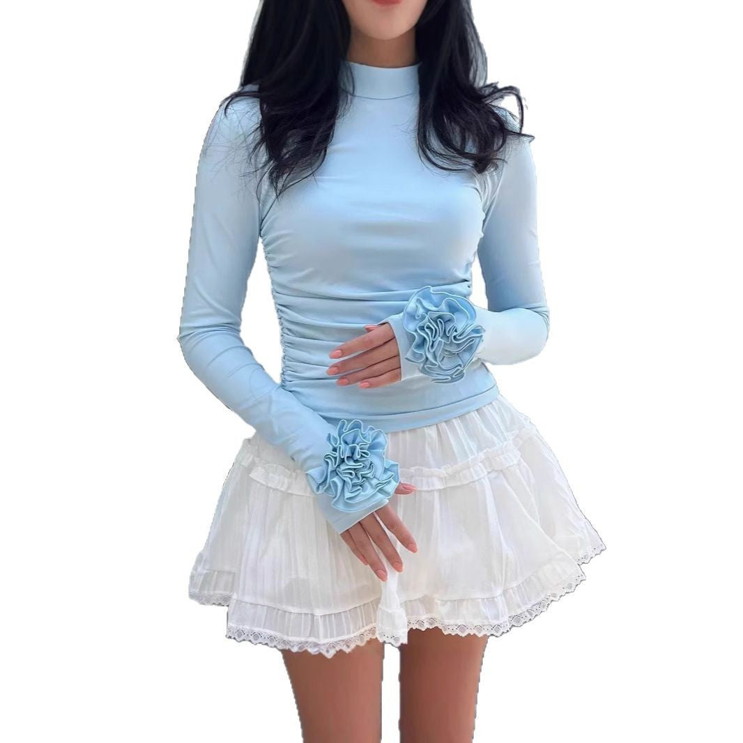 Ruffle Cuff Top - 3D Floral Sleeve Detail Fitted Top