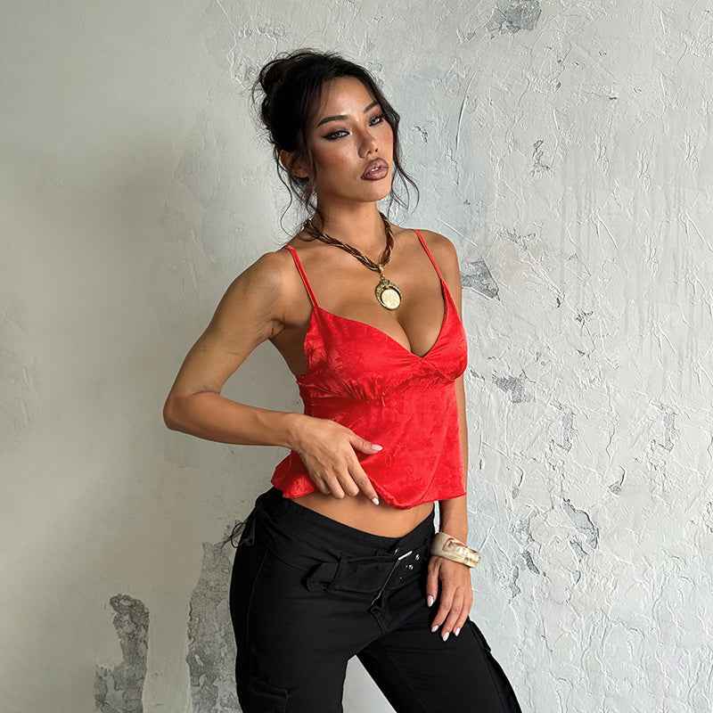 Satin Jacquard Slip Cami Top - V-Neck Loose Fit