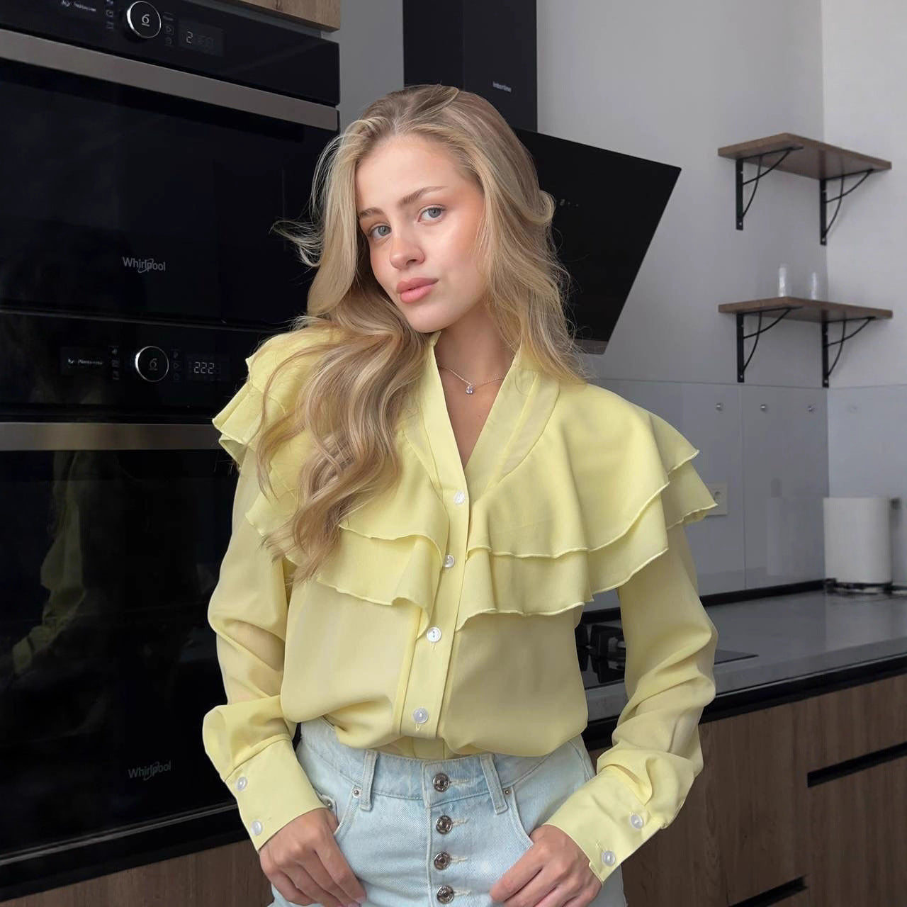 Ruffled V-Neck Blouse - Tiered Collar Chiffon Top