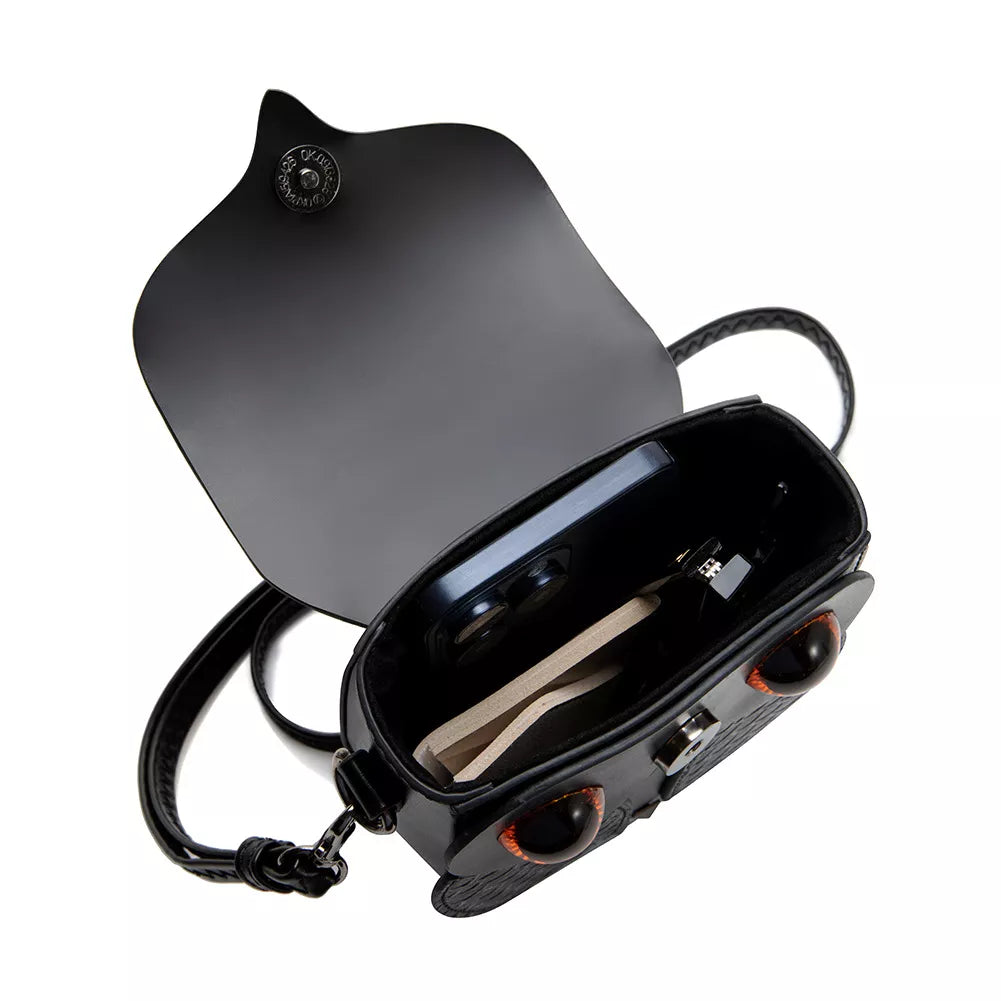 Owl Crossbody Bag - Black Leather Mini Design - Fashions Envy