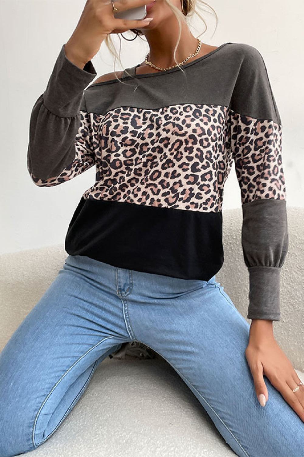 Perfee Leopard Print Color Block Cold Shoulder Top
