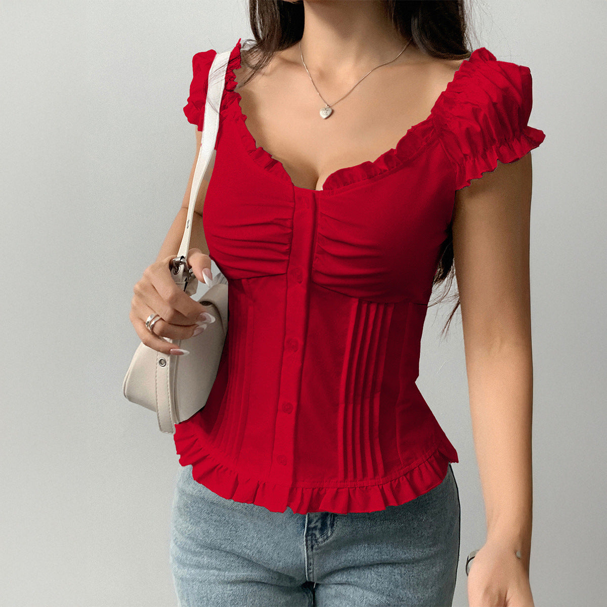 Off-Shoulder Ruffle Top - Button-Front Pleated Blouse