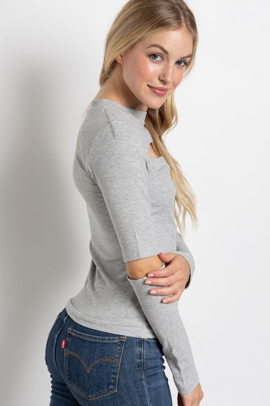 Ribbed Fitted Long Sleeve Top With Chest & Elbow Cutouts