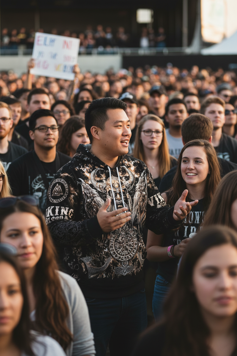 Asian man at music venue wearing Viking tattoo anime game hoodie closer shot