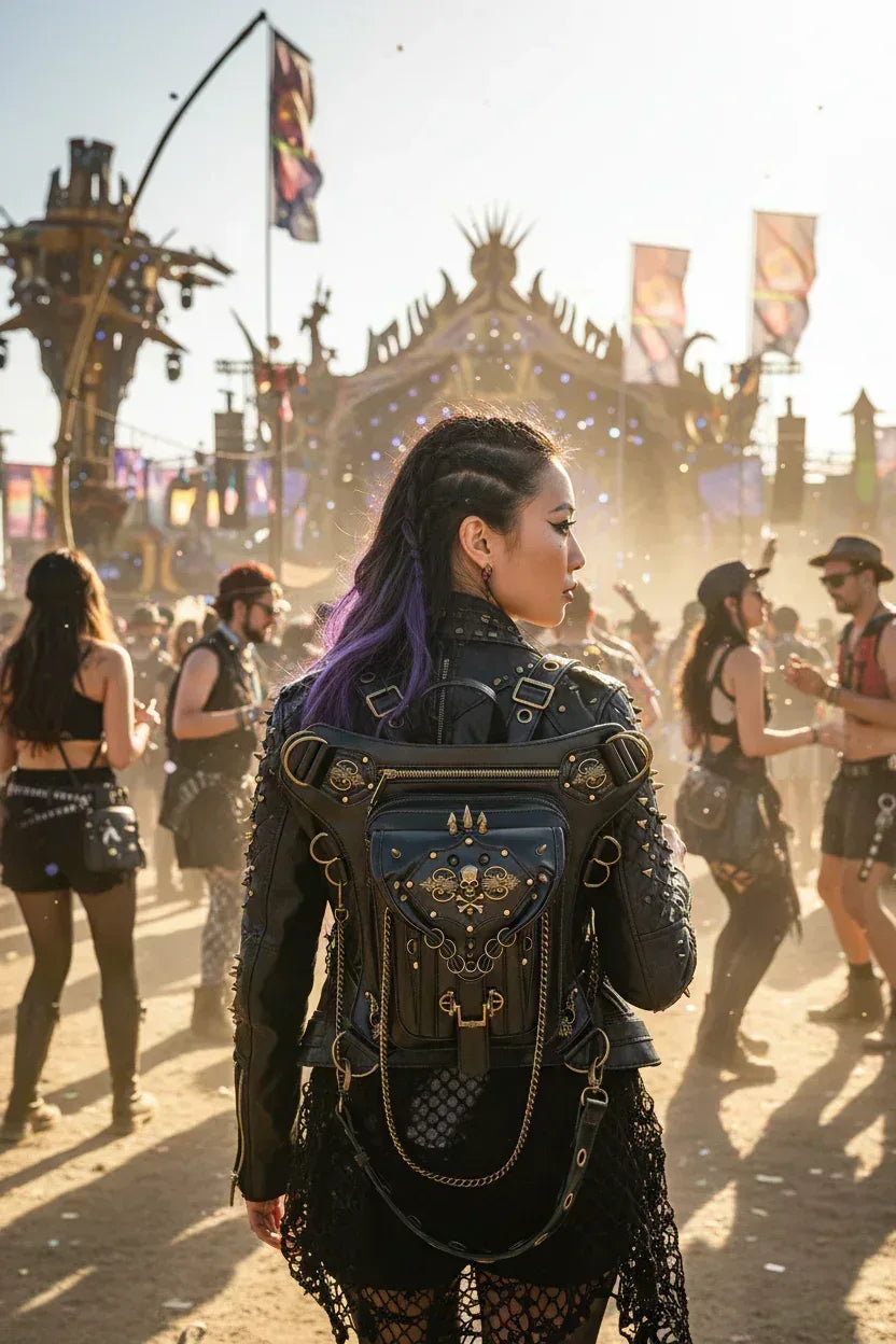 Asian model with steampunk skull bag worn as backpack - back view half body shot