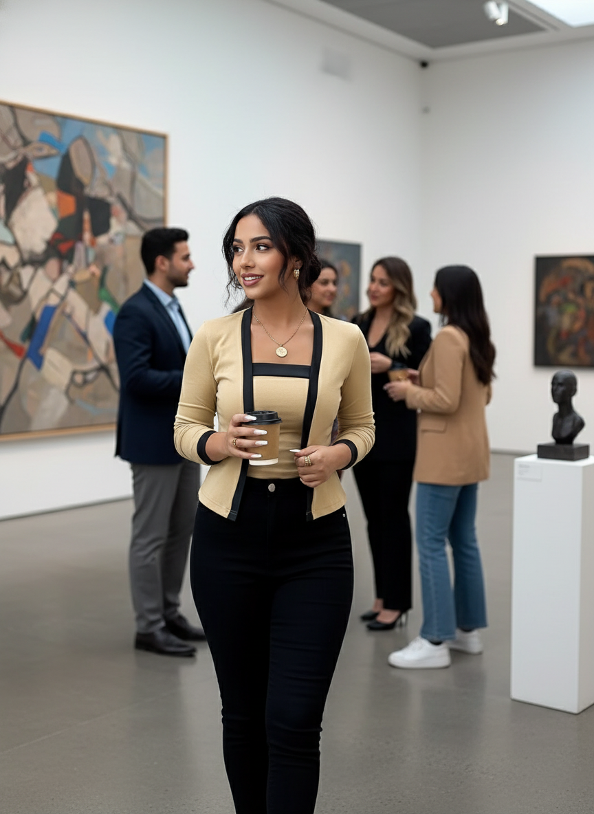Asian woman in late 20s wearing contrast trim long sleeve top at modern art museum gallery