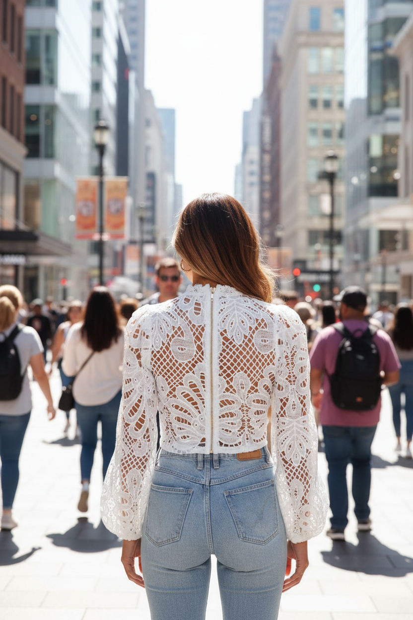 Asian woman in long puff sleeve lace top at urban shopping district back view