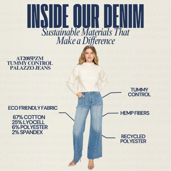 Artemis Vintage model wearing light wash tummy control palazzo jeans with sustainable fibers eco-friendly palazzo jeans for women