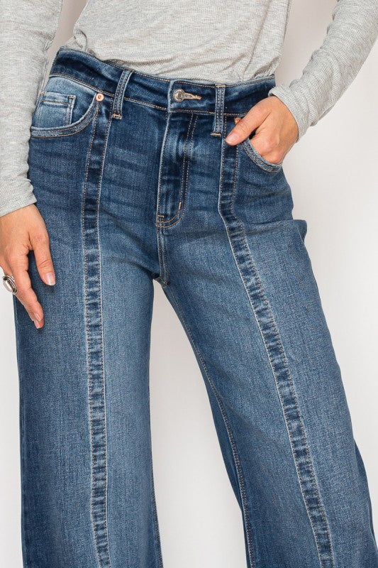 Artemis Vintage Relaxed Flared Jeans high waist dark wash with front seam panels and pockets