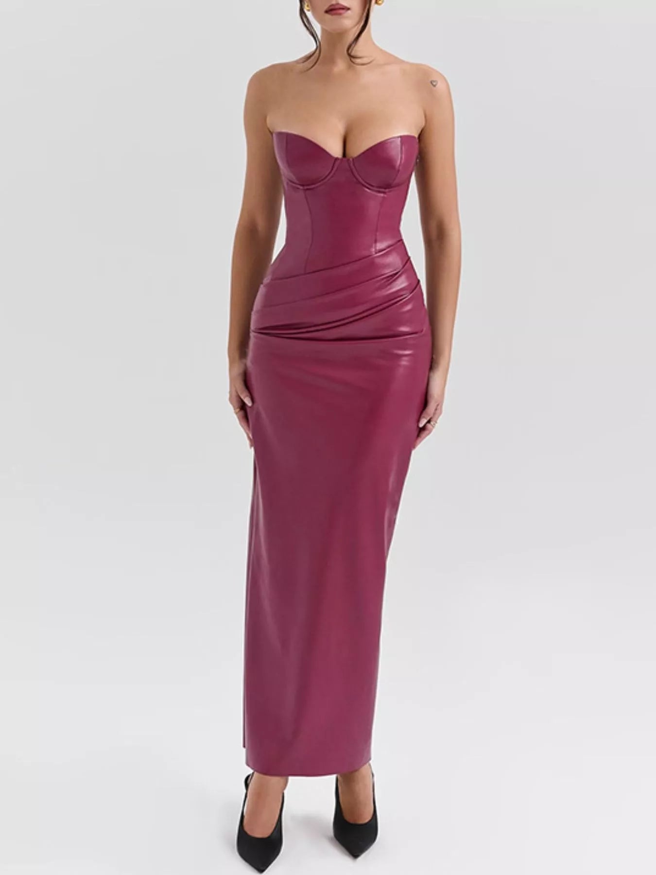 Faux Leather Bodycon Maxi Dress - Lace-Up Back Slit - Fashions Envy