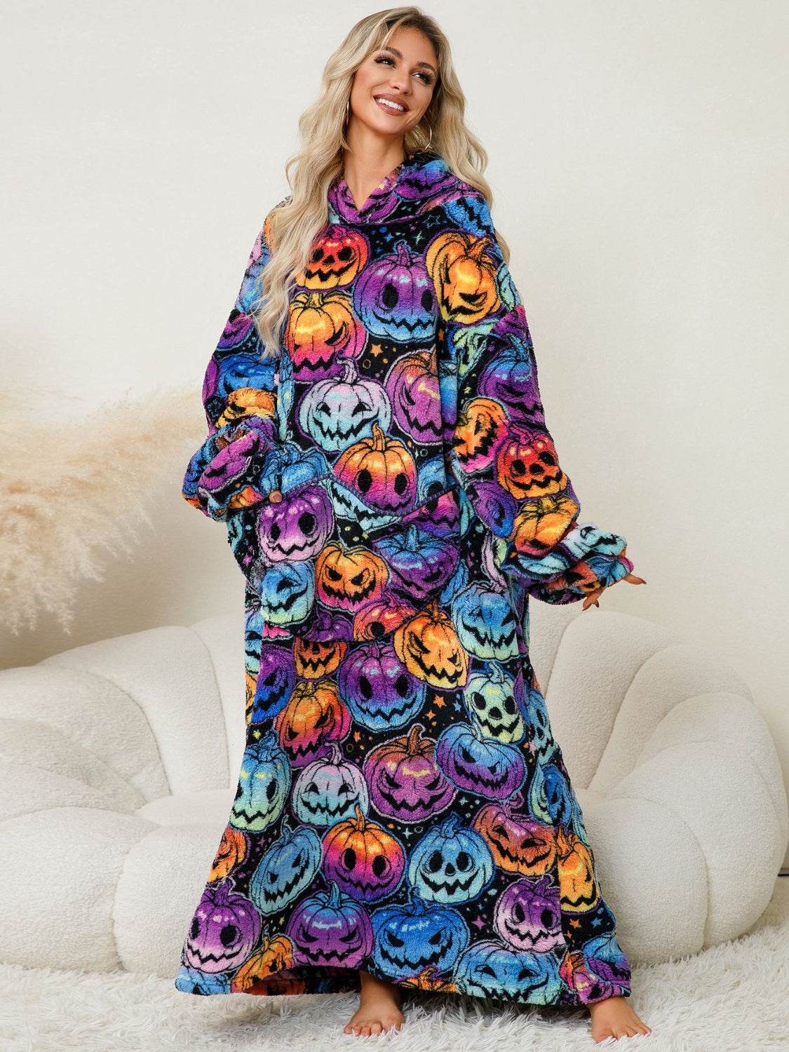 Fuzzy Pocketed Long Sleeve Hooded Lounge Dress - Fashions Envy