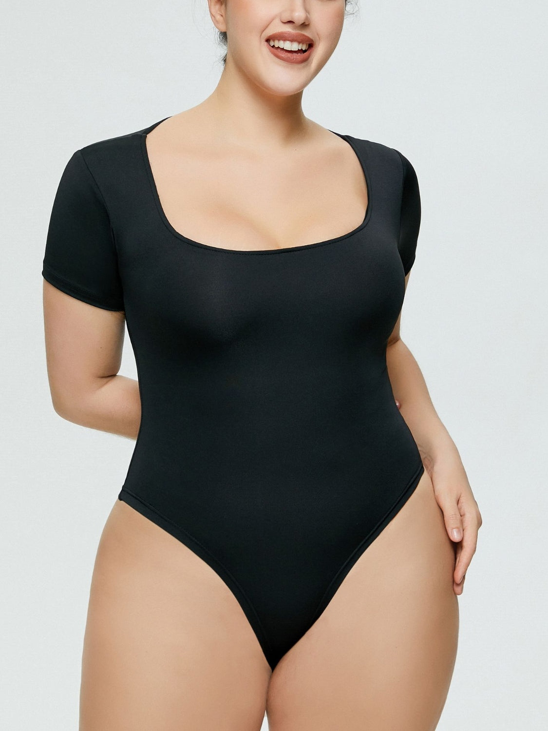 Full Size Square Neck Short Sleeve Bodysuit - Fashions Envy