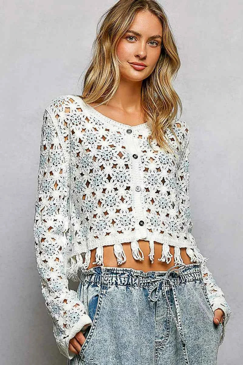 POL Openwork Floral Crochet Cardigan with Tassel Hem