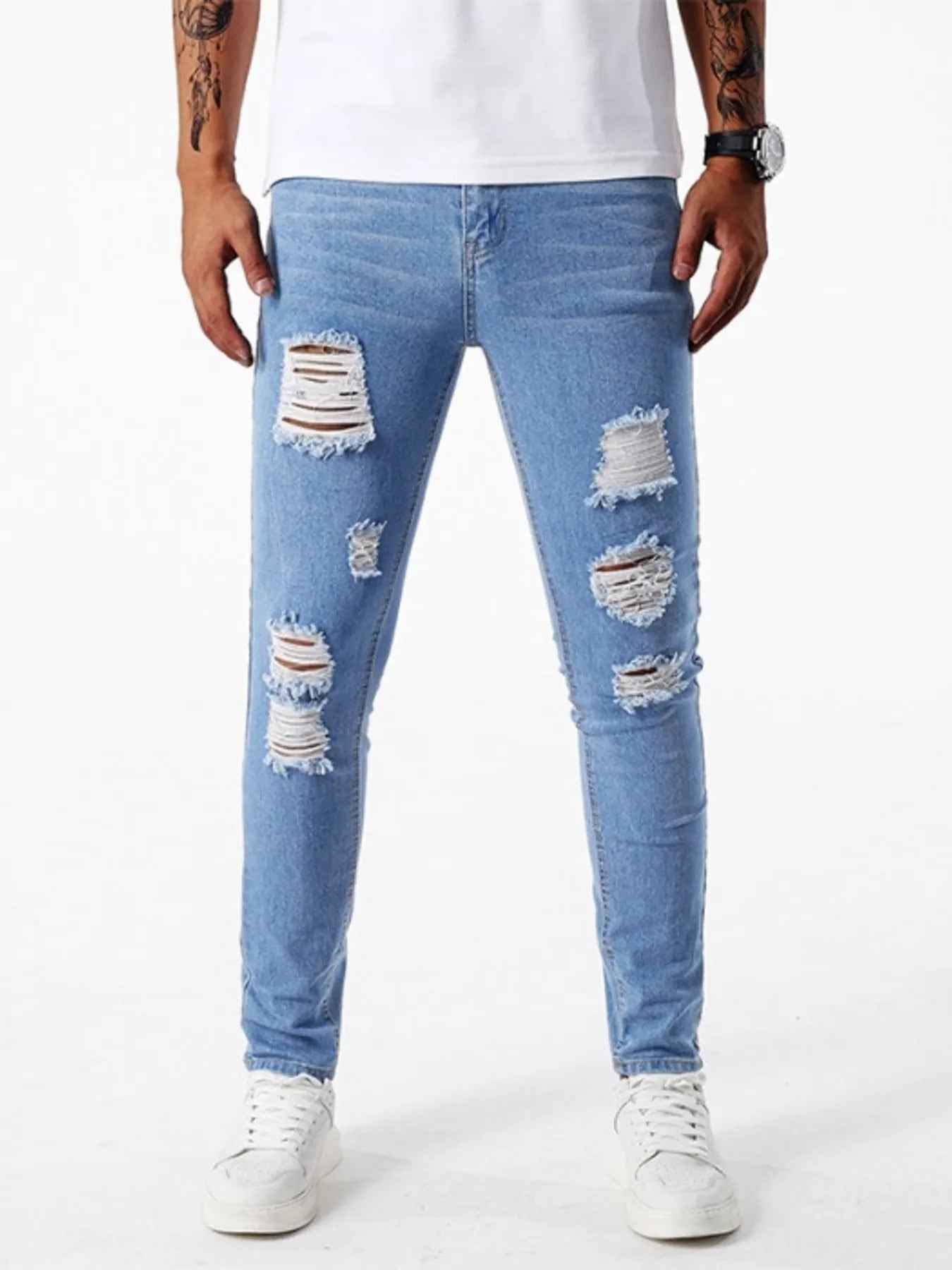 Men's Ripped Slim Fit Jeans - Distressed Stretch Denim - Fashions Envy