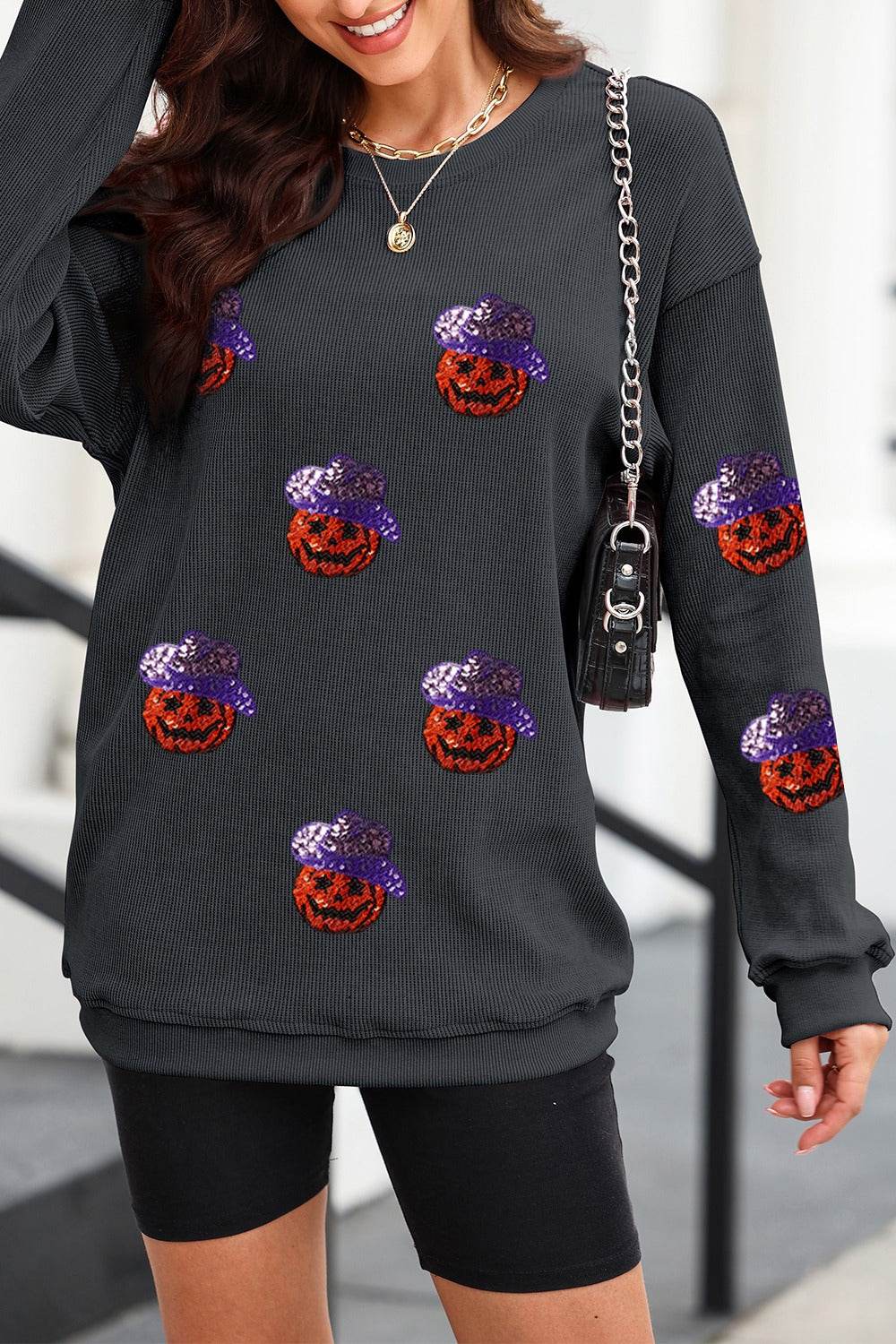 Sequin Pumpkin Long Sleeve Sweatshirt - Fashions Envy