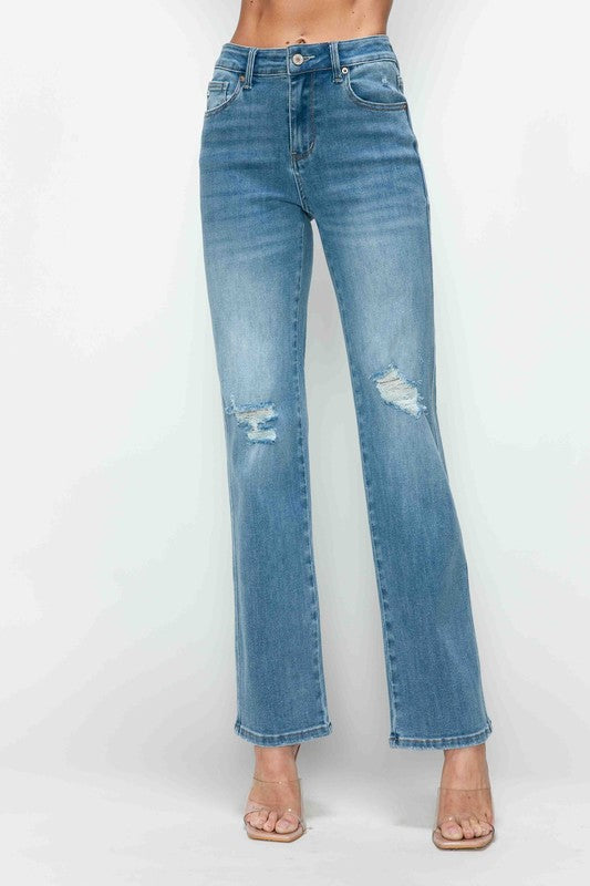 Full Size Medium Blue Distressed High Rise Straight Jeans