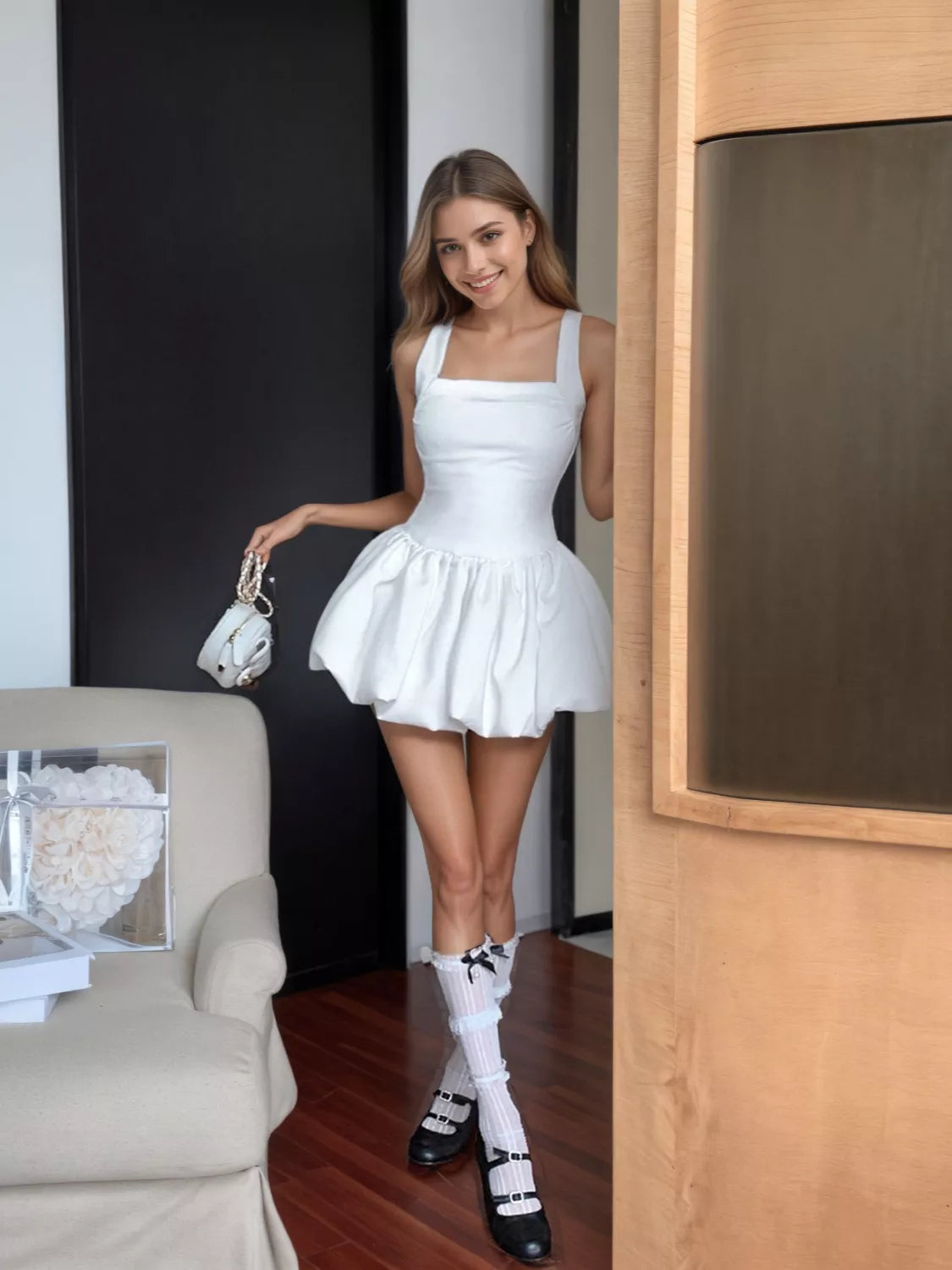 Bubble Hem Mini Dress - White Ruched Wide Strap - Fashions Envy