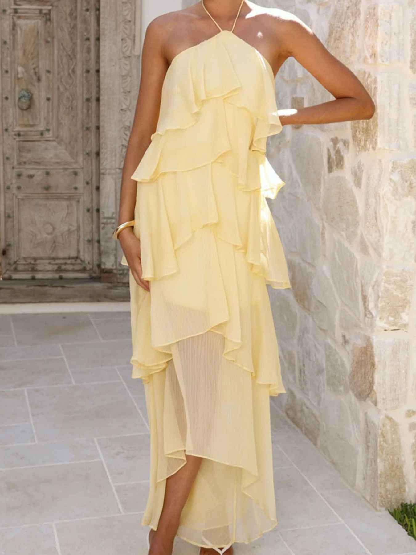 Tiered Ruffle Halter Midi Dress - Layered Flowy Style