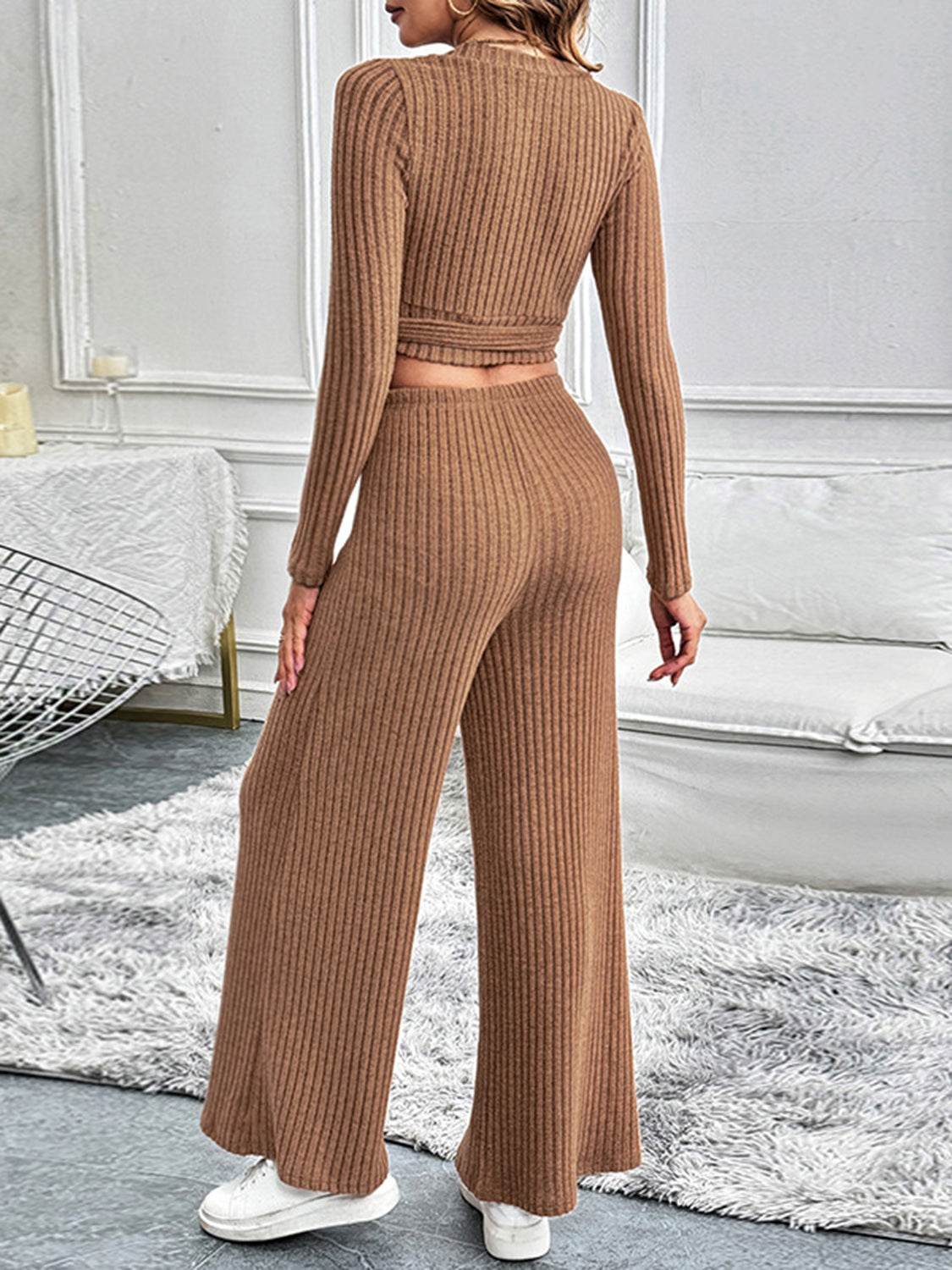 Perfee Surplice Long Sleeve Top and Pants Set - Fashions Envy