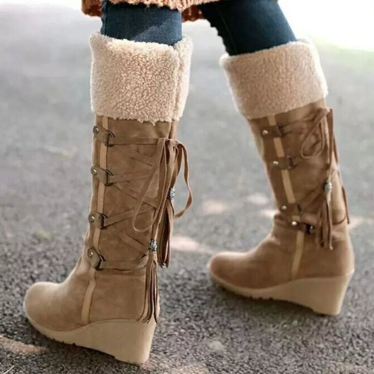 Suede Wedge Boots with Fur Cuff - Fashions Envy
