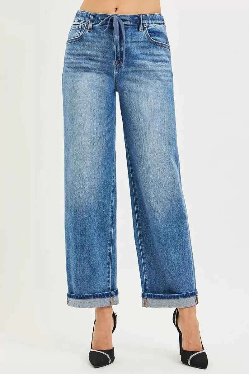 RISEN Slouchy Boyfriend Jeans - Elastic Waist Cuffed Ankle