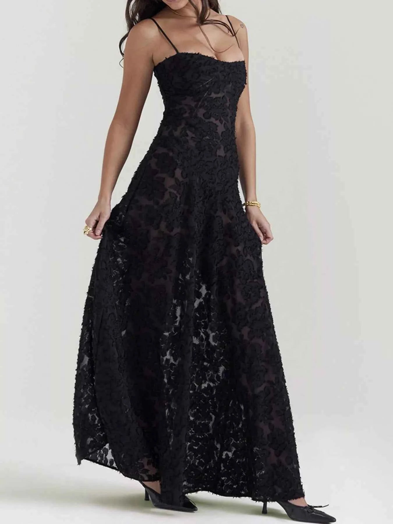 Black Maxi Dress - Lace Spaghetti Strap Gown