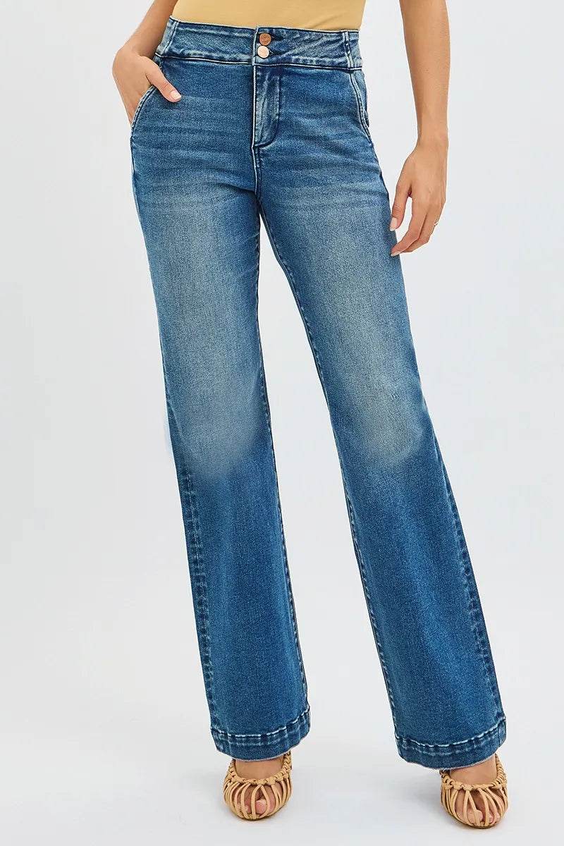 RISEN Full Size Tummy Control High Rise Bootcut Jeans with Double Button Waistband Plus Size - Fashions Envy