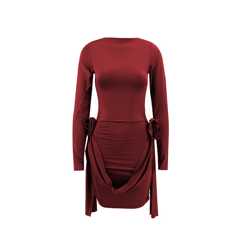 Draped Bodycon Dress - Long Sleeve Ruched Side Tie Mini