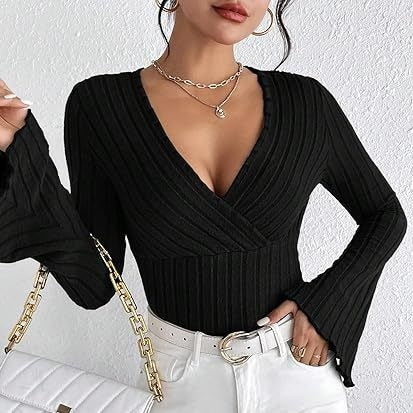 Ribbed V-Neck Top - Flared Sleeve Elegant Fit
