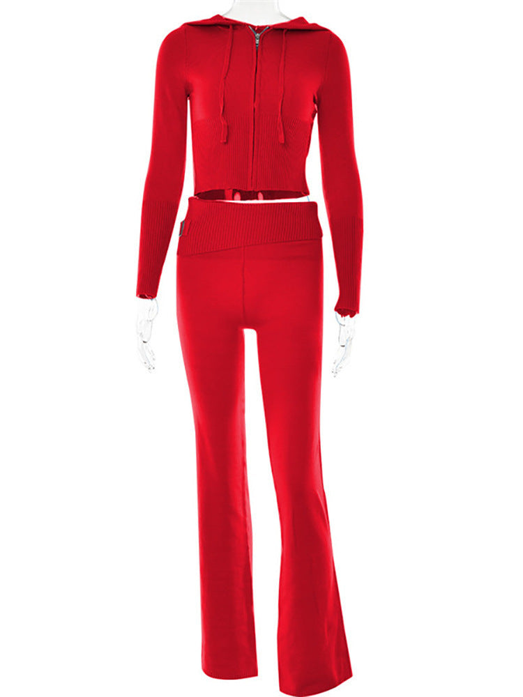 Soft Zip-up Long Sleeve Crop Sweater and Low Waist Pants Set